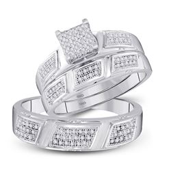 His Hers Round Diamond Square Matching Wedding Set 1/2 Cttw 10kt White Gold - REF-47R9X