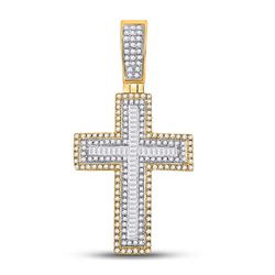 Mens Baguette Diamond Cross Charm Pendant 7/8 Cttw 10kt Yellow Gold - REF-47A9M