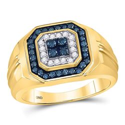 Mens Round Blue Color Enhanced Diamond Square Ring 5/8 Cttw 10kt Yellow Gold - REF-35W9K