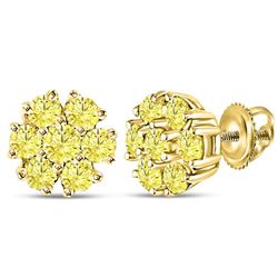 Womens Round Color Enhanced Diamond Flower Cluster Earrings 1/2 Cttw 10kt Yellow Gold - REF-24A9M