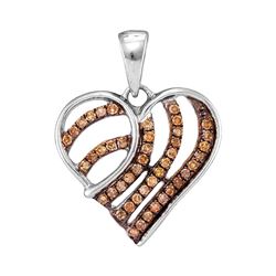 Womens Round Brown Diamond Striped Heart Pendant 1/4 Cttw 10kt White Gold - REF-10K5Y