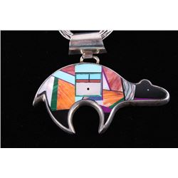Navajo Singed Sterling Bear Mosaic Inlay Necklace