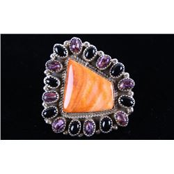 Navajo LARGE Red Spiny Oyster & Onyx Silver Ring
