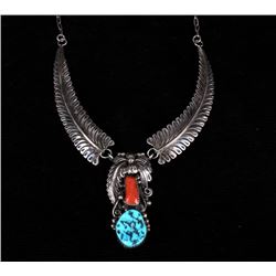 Navajo Sterling Silver Turquoise & Coral Necklace