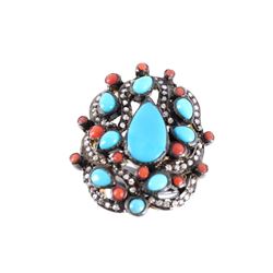 Art Nouveau Turquoise Coral & Diamond Ring