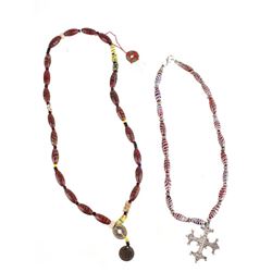 Exotic Red Feather & Chevron Trade Bead Necklaces