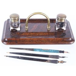 1920's Pen & Inkwell Oak & Brass Desk Set