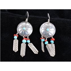 Navajo Silver Turquoise & Ox Blood Coral Earrings