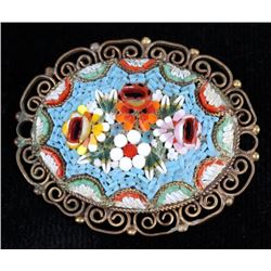 Vintage Micro Mosaic Glass Flower Filigree Brooch