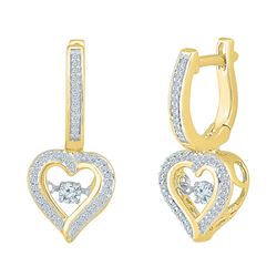 Womens Round Diamond Heart Dangle Hoop Earrings 1/4 Cttw 10kt Yellow Gold - REF-27X9A