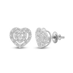 Womens Round Diamond Heart Earrings 1/12 Cttw 10kt White Gold - REF-13W9K