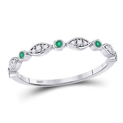 Womens Round Emerald Diamond Marquise Dot Stackable Band Ring 1/8 Cttw 10kt White Gold - REF-13R9X