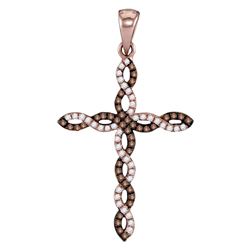 Womens Round Brown Diamond Cross Pendant 1/5 Cttw 14kt Rose Gold - REF-14Y9N