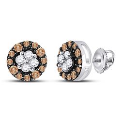 Womens Round Brown Diamond Cluster Stud Earrings 1/3 Cttw 10kt White Gold - REF-12M9H
