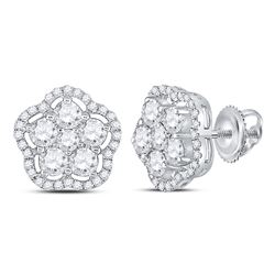 Womens Round Diamond Star Cluster Earrings 1-1/2 Cttw 14kt White Gold - REF-104F9W