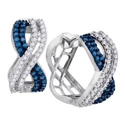 Womens Round Blue Color Enhanced Diamond Hoop Earrings 1 Cttw 10kt White Gold - REF-43X5A