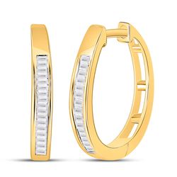 Womens Baguette Diamond Hoop Earrings 1/5 Cttw 10kt Yellow Gold - REF-10F5W