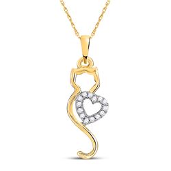 Womens Round Diamond Cat Heart Animal Pendant 1/10 Cttw 10kt Yellow Gold - REF-8A5M