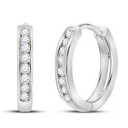 Womens Round Diamond Hoop Earrings 1/4 Cttw 10kt White Gold - REF-18R5X