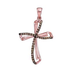 Womens Round Brown Diamond Cross Pendant 1/4 Cttw 10kt Rose Gold - REF-13M5H