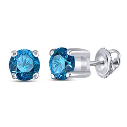 Womens Round Blue Color Enhanced Diamond Solitaire Stud Earrings 1/4 Cttw 10kt White Gold - REF-12W9