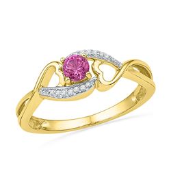 Womens Round Lab-Created Pink Sapphire Diamond Heart Ring 1/20 Cttw 10kt Yellow Gold - REF-11N9F