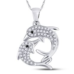 Womens Round Black Color Enhanced Diamond Dolphin Pendant 1/6 Cttw 10kt White Gold - REF-10N5F