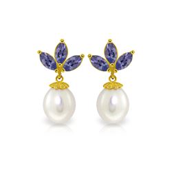 Genuine 9.5 ctw Tanzanite & Pearl Earrings 14KT Yellow Gold - REF-43V4W