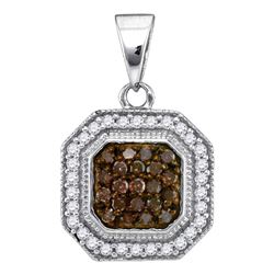 Womens Round Brown Diamond Octagon Cluster Pendant 1/3 Cttw 10kt White Gold - REF-13R9X