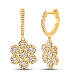 Womens Round Diamond Dangle Earrings 1 Cttw 10kt Yellow Gold - REF-49F9W