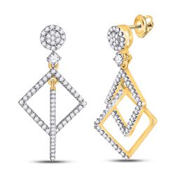 Womens Round Diamond Diagonal Square Dangle Earrings 3/8 Cttw 10kt Yellow Gold - REF-24R9X