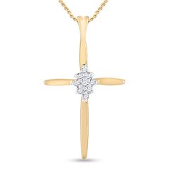 Womens Round Diamond Cross Pendant 1/12 Cttw 10kt Yellow Gold - REF-6Y9N