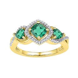 Womens Cushion Lab-Created Emerald 3-stone Ring 1-1/2 Cttw 10kt Yellow Gold - REF-21X9A