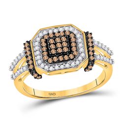 Womens Round Brown Diamond Square Cluster Ring 1/2 Cttw 10kt Yellow Gold - REF-23H5R