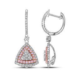 Womens Round Pink Diamond Triangle Dangle Earrings 1-1/2 Cttw 14kt White Gold - REF-131A5M