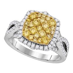 Womens Round Yellow Diamond Canary Cluster Ring 1-1/2 Cttw 14kt White Gold - REF-120A5M