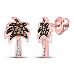 Womens Round Brown Diamond Palm Tree Earrings 1/8 Cttw 10kt Rose Gold - REF-12A9M