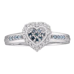 Womens Round Blue Color Enhanced Diamond Heart Cluster Ring 1/4 Cttw 10kt White Gold - REF-18A9M