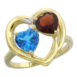 2.61 CTW Diamond, Swiss Blue Topaz & Garnet Ring 14K Yellow Gold - REF-33M9K