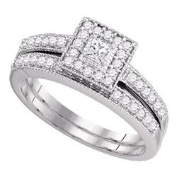 Princess Diamond Halo Bridal Wedding Ring Band Set 1/2 Cttw 10kt White Gold - REF-43R5X