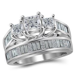 Princess Diamond 3-Stone Bridal Wedding Ring Band Set 2 Cttw 14kt White Gold - REF-283F9W