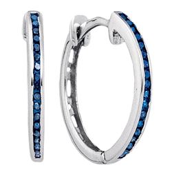 Blue Color Enhanced Round Diamond Womens Slender Hoop Earrings 1/10 Cttw 10k White Gold - REF-9X5A