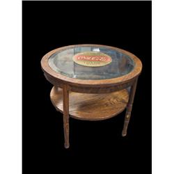 Round Oak Side Table w/ Beveled Glass &