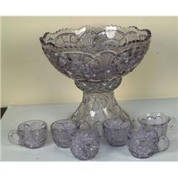 Purple Glass Punch Bowl w 6 Cups on a P
