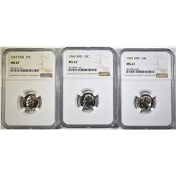1965, 66 & 67 SMS ROOSEVELT DIMES, NGC MS-67