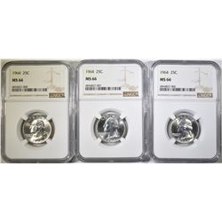 3-1964 WASHINGTON QUARTERS, NGC MS-66