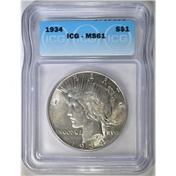 1934 PEACE DOLLAR, ICG MS-61