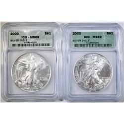 2-2000 AMERICAN SILVER EAGLES  ICG MS-69