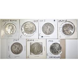 LOT OF 7 WALKING LIBERTY HALF DOLLARS: