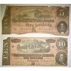 1864 CONFEDERATE $5 & $10 NOTES LOW GRADE